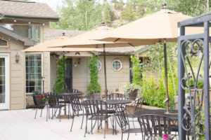 View from the deck with three umbrellas