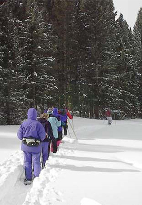 A line of people trod through the thick white snow towards the treeline