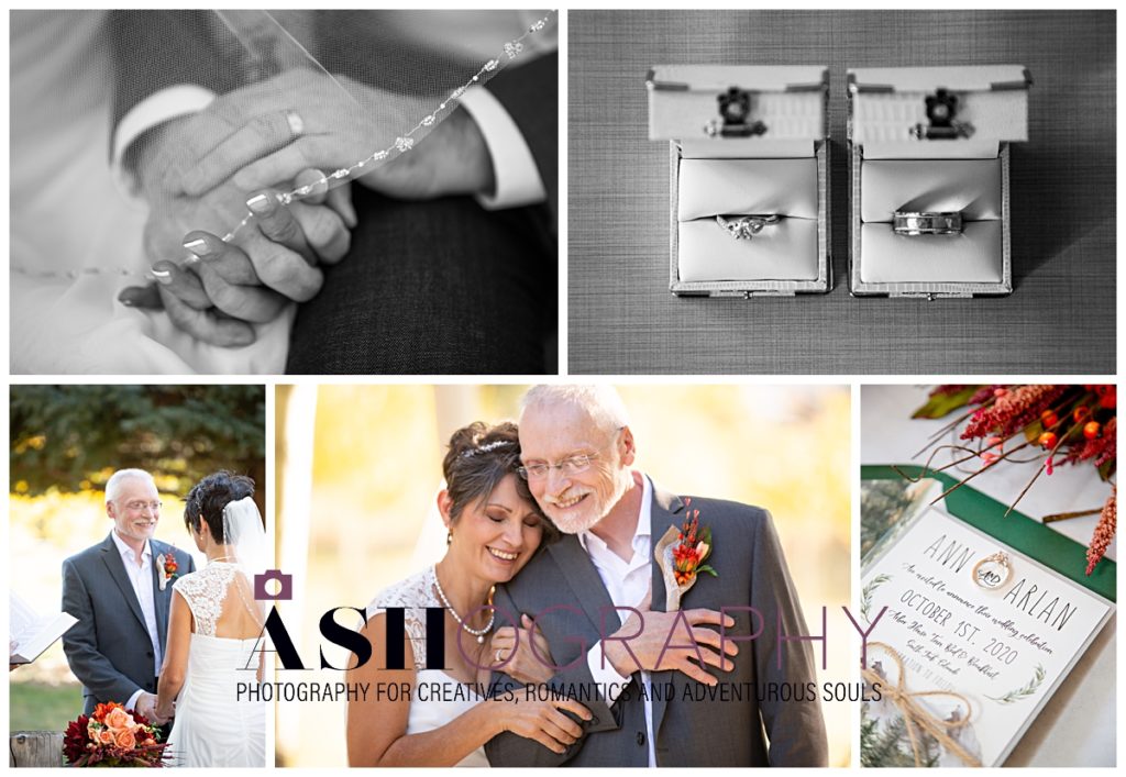 photo collage of bride and groom holding hands, rings in boxes, and getting married at the altar
