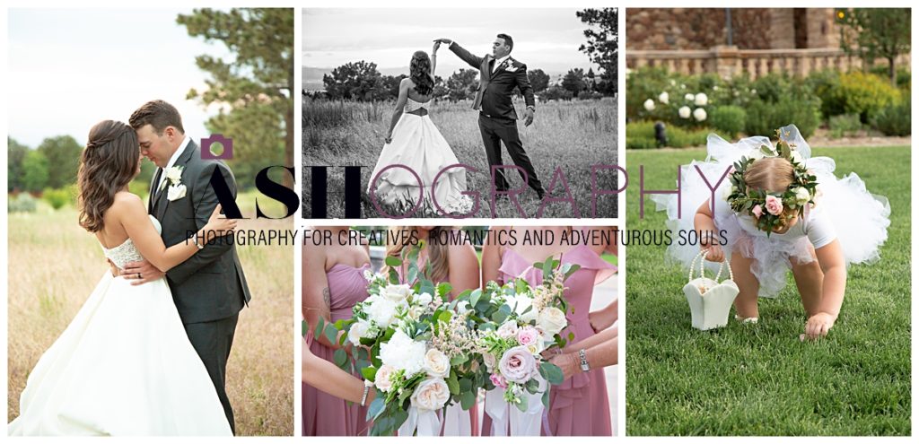 collage of four photos of couple - one of couple dancing nose to nose, one of couple dancing, one of bridesmaids holding flowers, and one of flower girl picking up flowers