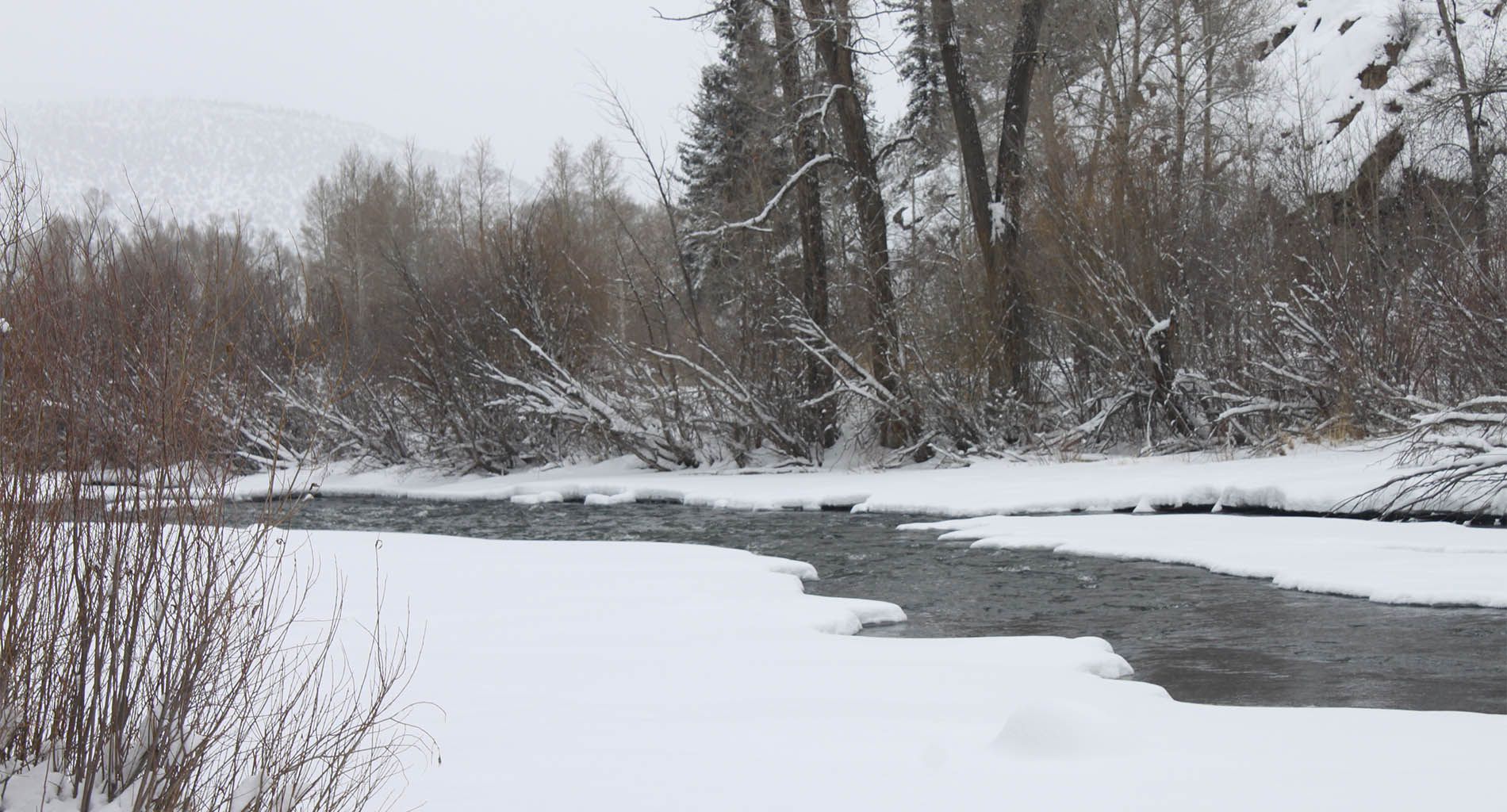 in a wintery scene in colorado a river flows through the chilly landscape that is blanketed in snow